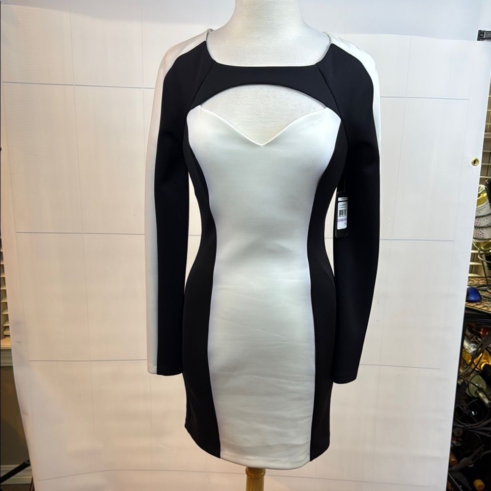 Guess "Robin" Black & White (tag says "ivory") Long Sleeve Scuba Dress, 6 NWOT